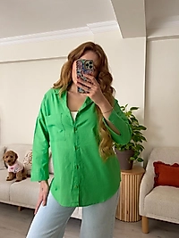 Yeşil Oversize Keten Gömlek - 103