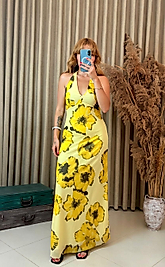 Boyundan Bağlamalı Çiçek Desenli Sarı Elbise