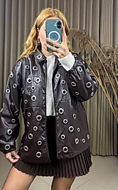 Kuş Gözü Detaylı Tasarım Oversize Kahverengi Deri Ceket