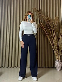 Kemerli Likralı Lacivert Palazzo Pantolon