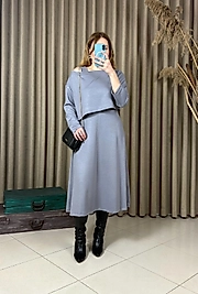 Gri Modal Askılı Elbise Crop Bluz Takım