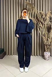 Modal Yarasa Kol Bluz Pileli Şalvar Takım Lacivert