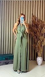 Desenli Ön Bağlamalı Sıfır Kol Haki Elbise – Hafif & Yazlık Şıklık