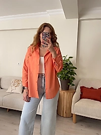 Turuncu Oversize Keten Gömlek - 103