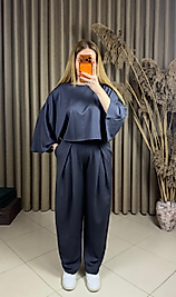 Modal Yarasa Kol Bluz Pileli Şalvar Takım Antrasit