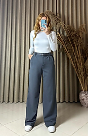 Kemerli Likralı Gri Palazzo Pantolon