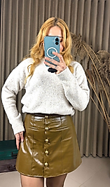 Gold Düğmeli Parlak Suni Deri Etek - Yağ Yeşili