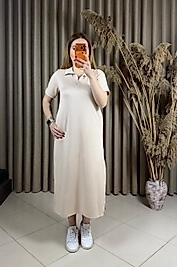 Polo Yaka Modal Elbise Bej