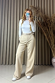 Kemerli Likralı Bej Palazzo Pantolon