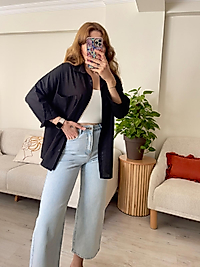 Siyah Oversize Keten Gömlek - 103