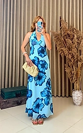 BOYUNDAN BAĞLAMALI ÇİÇEK DESENLİ MAVİ ELBİSE