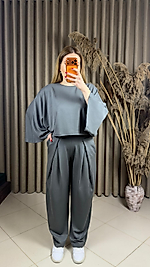 Modal Yarasa Kol Bluz Pileli Şalvar Takım Haki