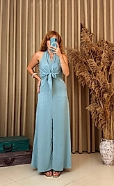 Desenli Ön Bağlamalı Sıfır Kol Mint Elbise – Hafif & Yazlık Şıklık