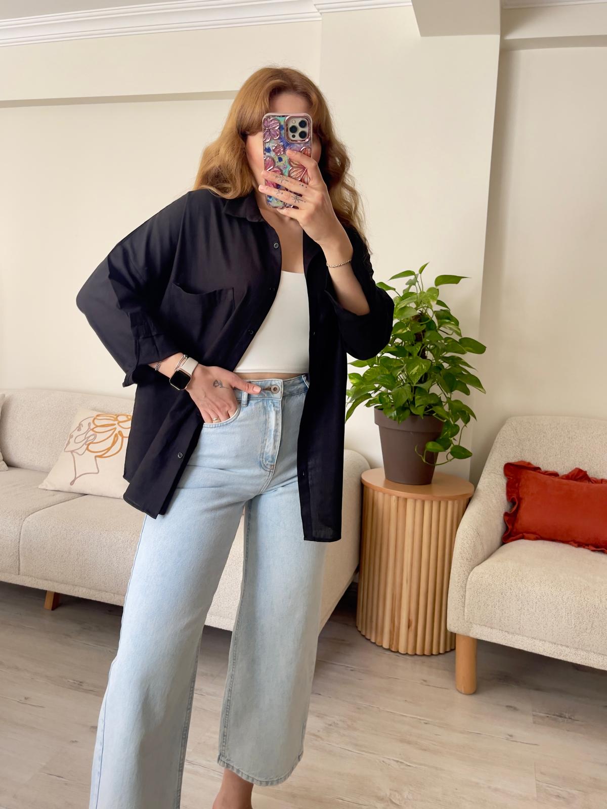 Siyah Oversize Keten Gömlek - 103