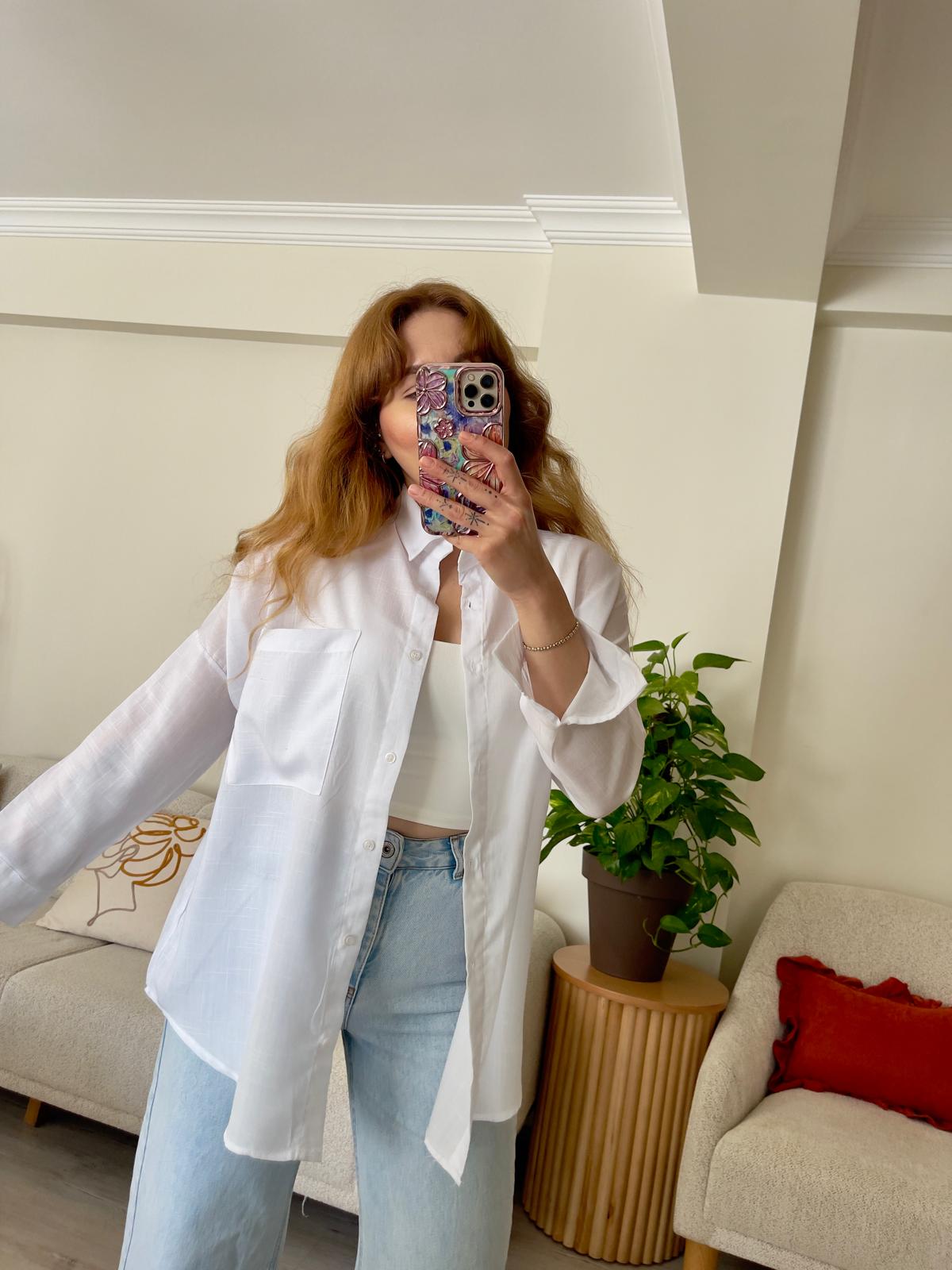 Beyaz Oversize Keten Gömlek - 103