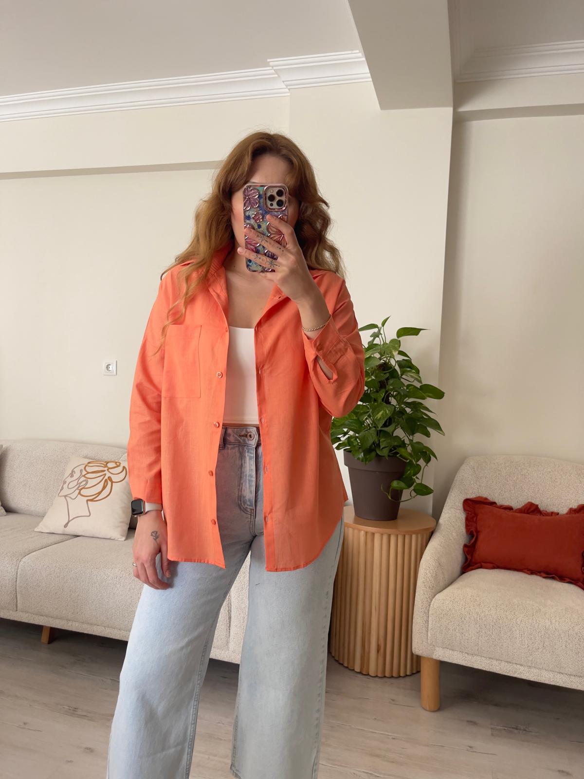 Turuncu Oversize Keten Gömlek - 103