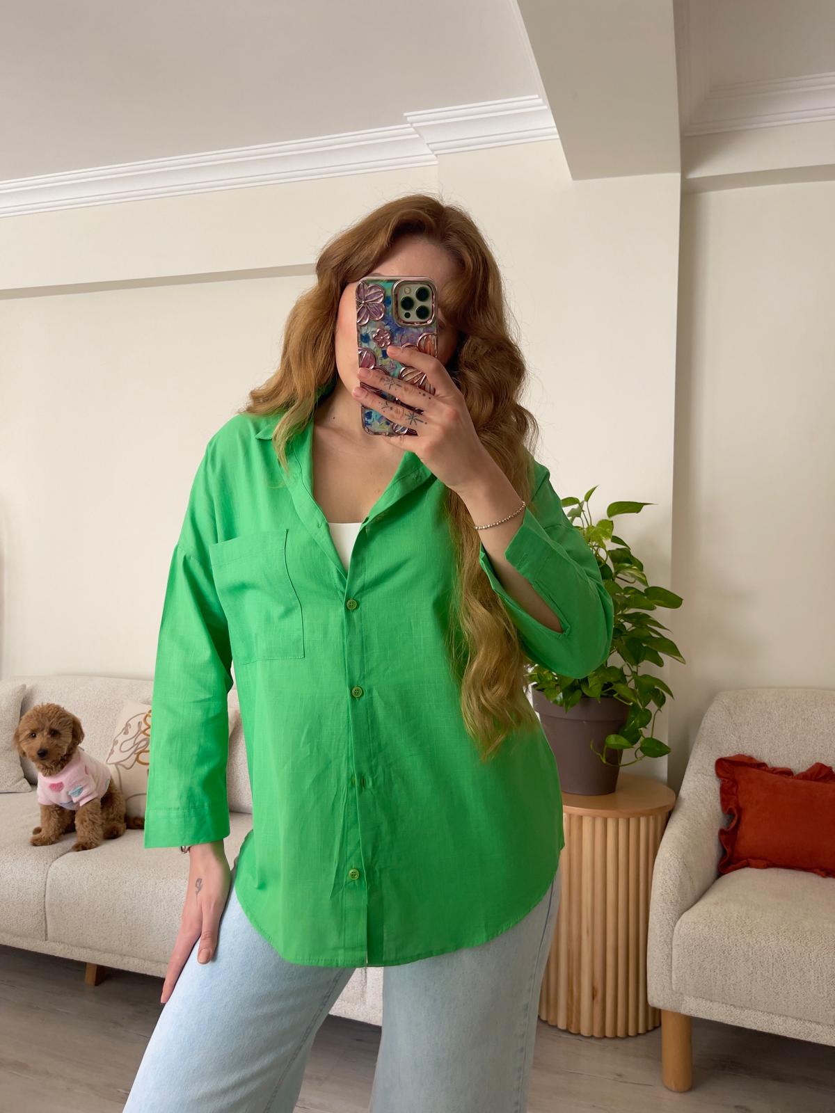 Yeşil Oversize Keten Gömlek - 103