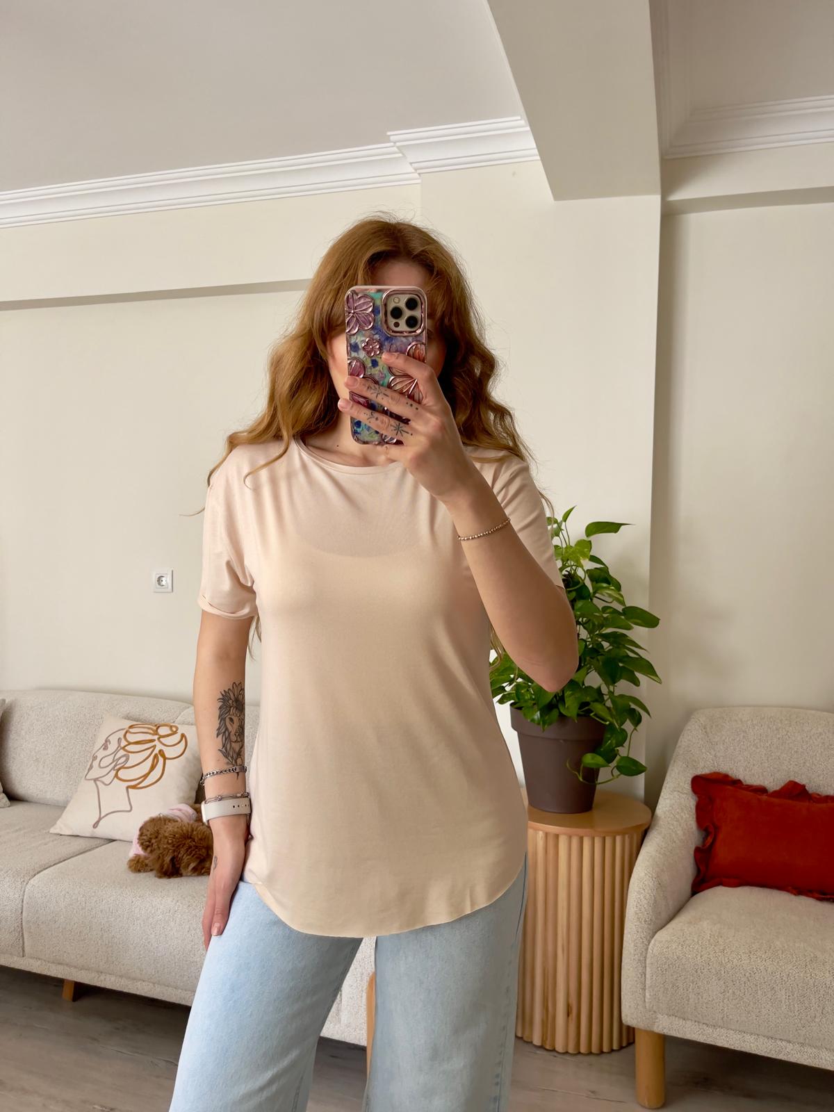 Bej Lazer Kesim Oysh Salaş T-shirt