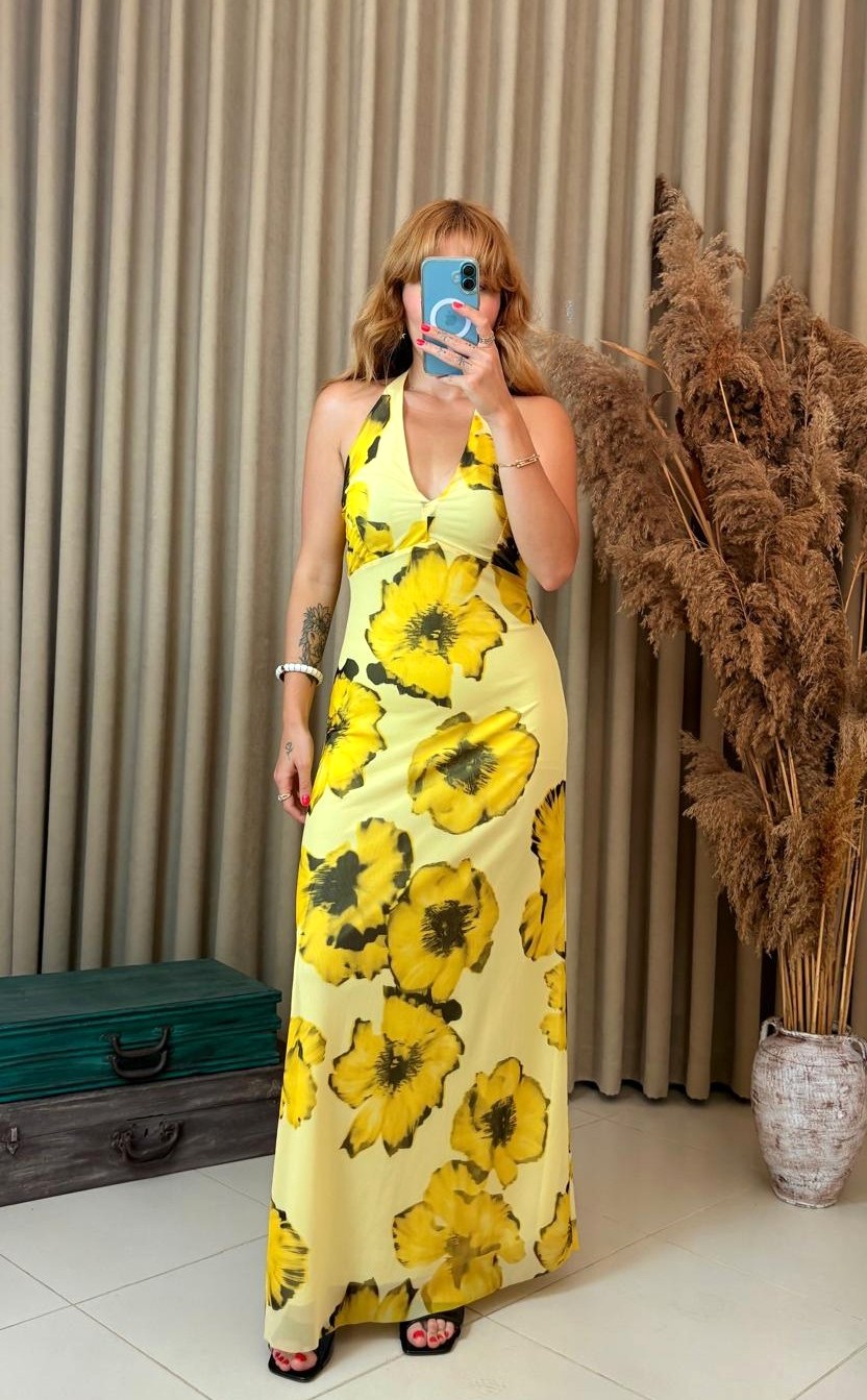 Boyundan Bağlamalı Çiçek Desenli Sarı Elbise