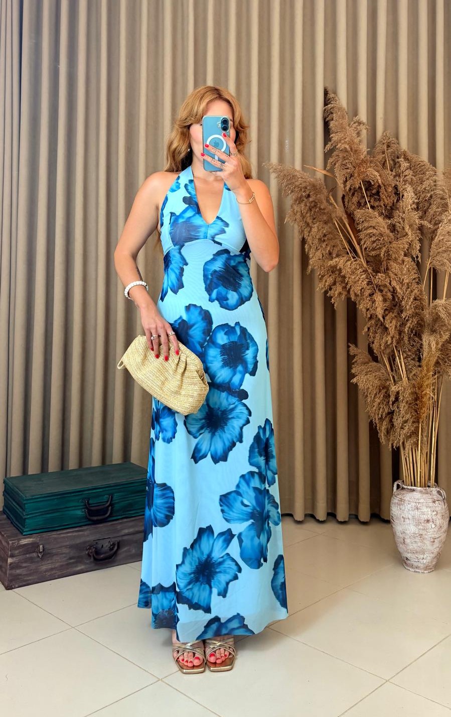 BOYUNDAN BAĞLAMALI ÇİÇEK DESENLİ MAVİ ELBİSE