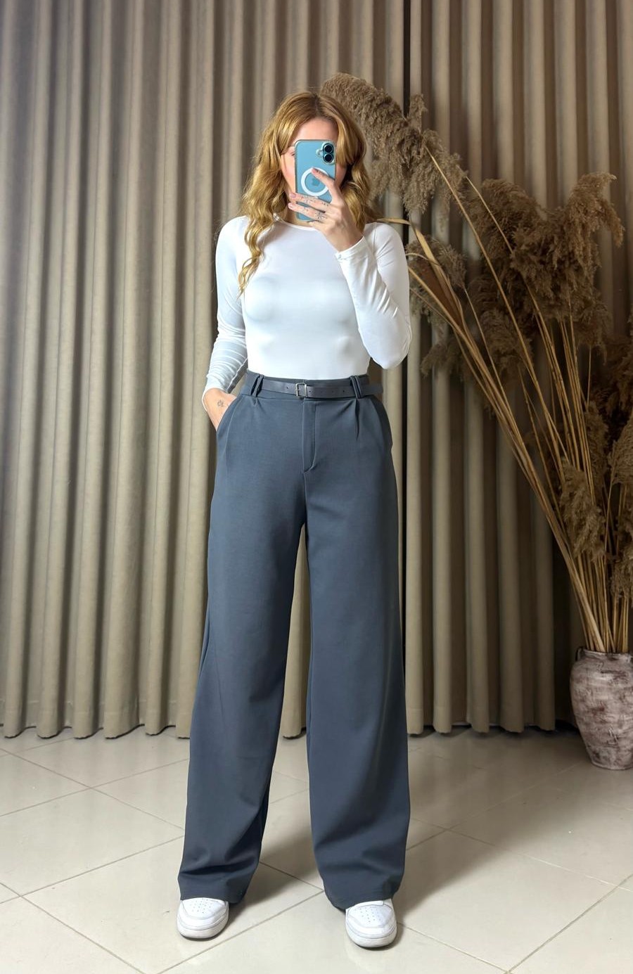 Kemerli Likralı Gri Palazzo Pantolon