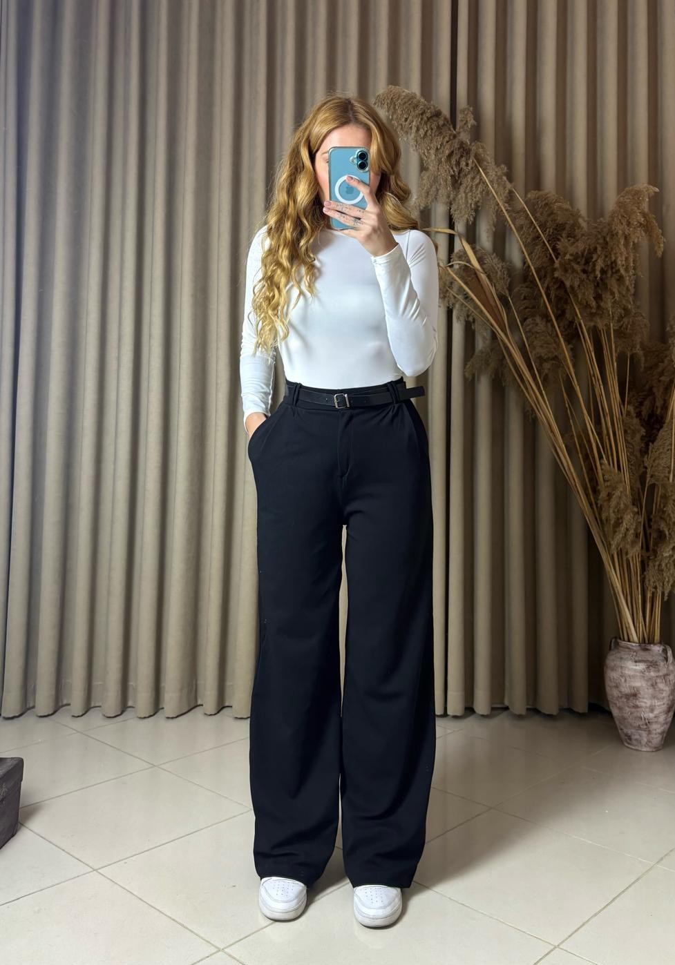 Kemerli Likralı Siyah Palazzo Pantolon