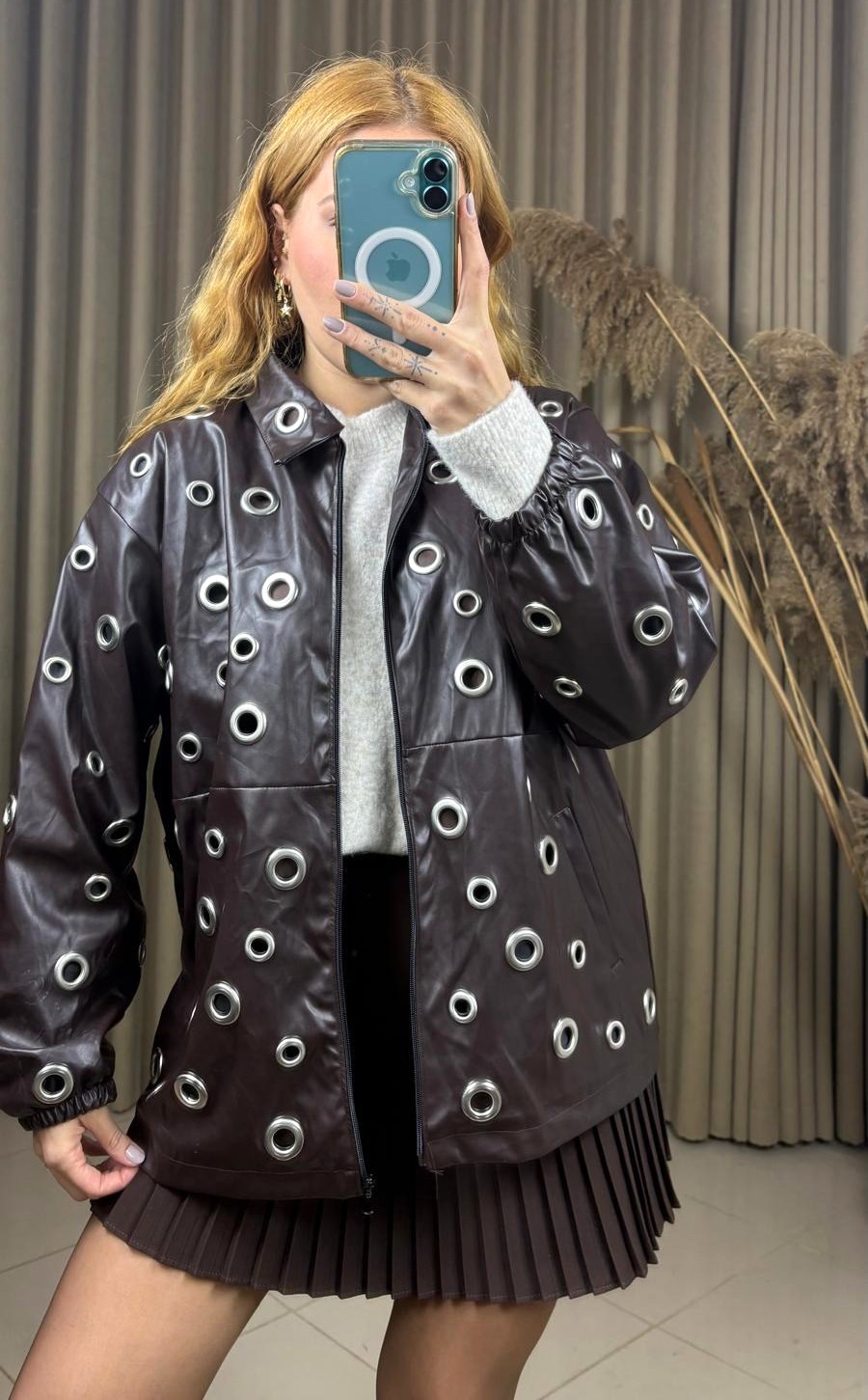 Kuş Gözü Detaylı Tasarım Oversize Kahverengi Deri Ceket