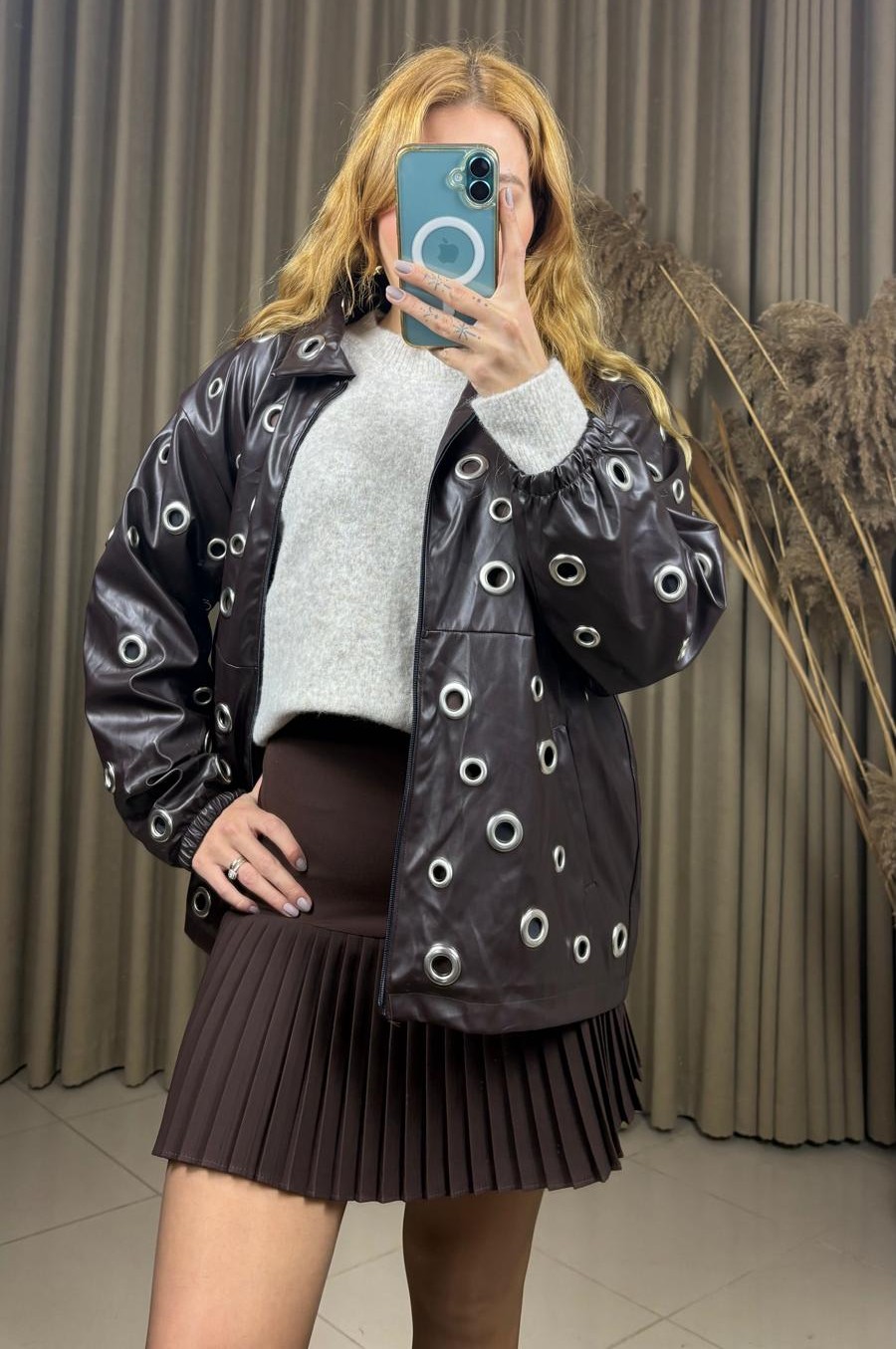 Full Likralı Yarı Piliseli Kumaş Etek Acı Kahve