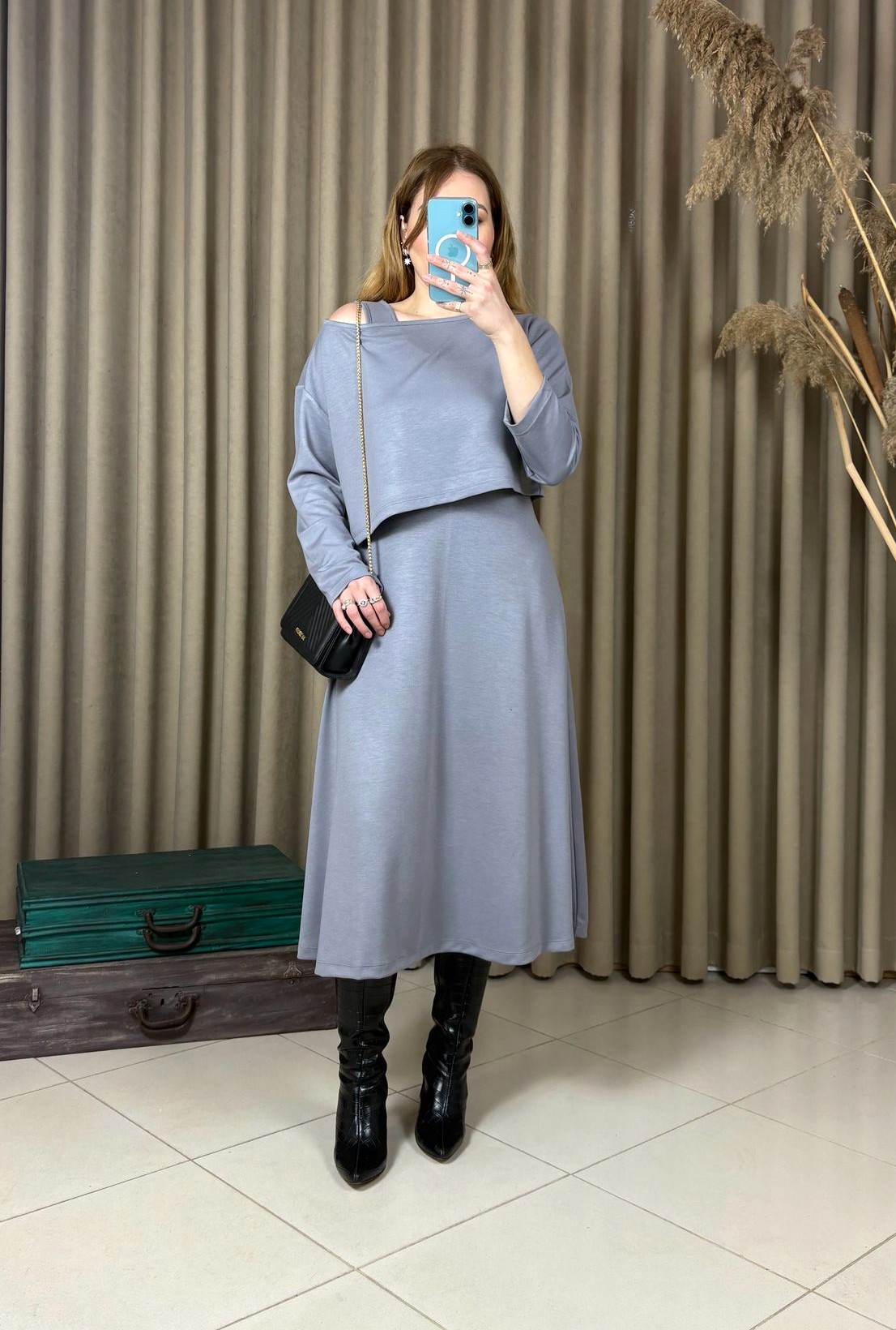 Gri Modal Askılı Elbise Crop Bluz Takım