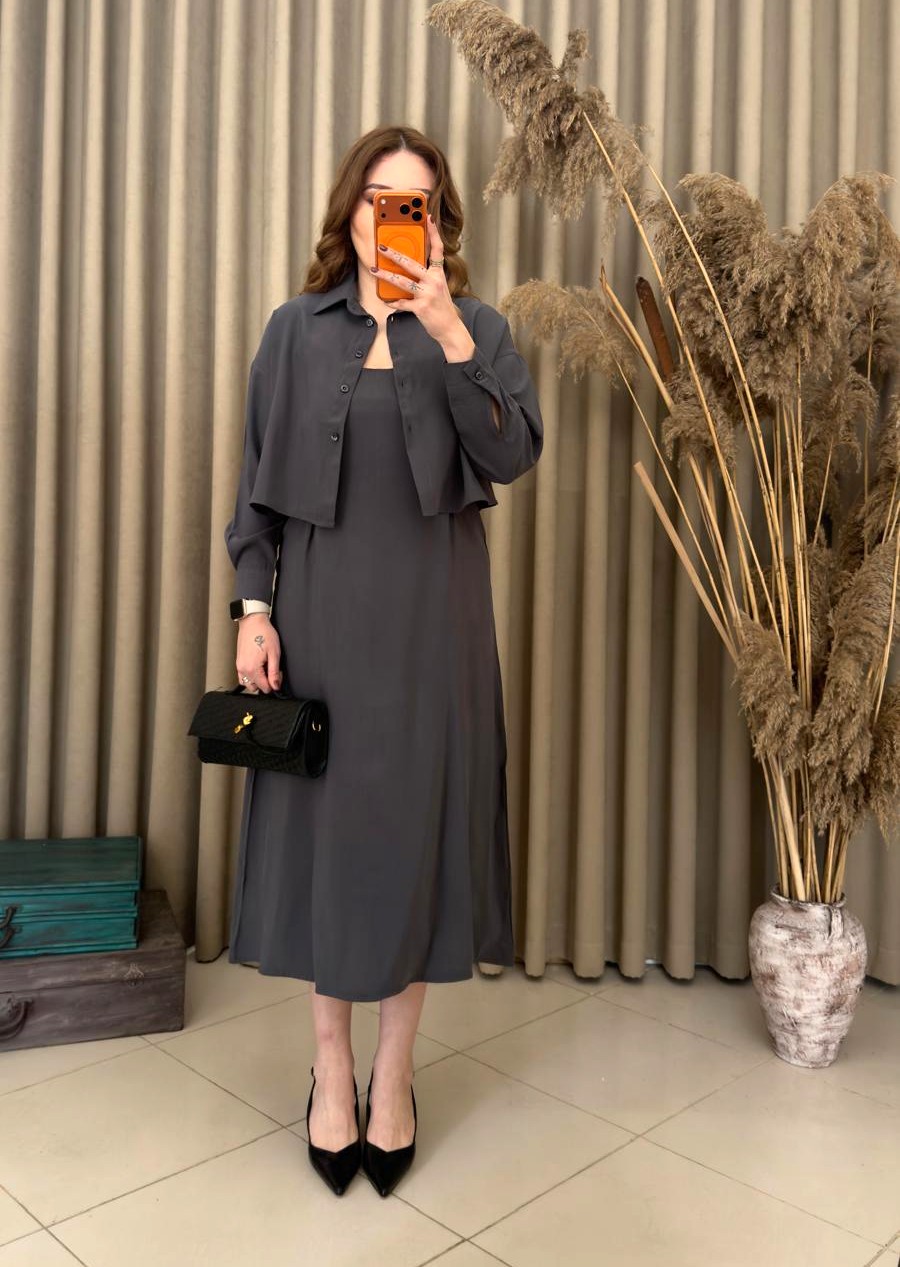 Tensel Kumaş Gömlekli Elbise Takım Füme