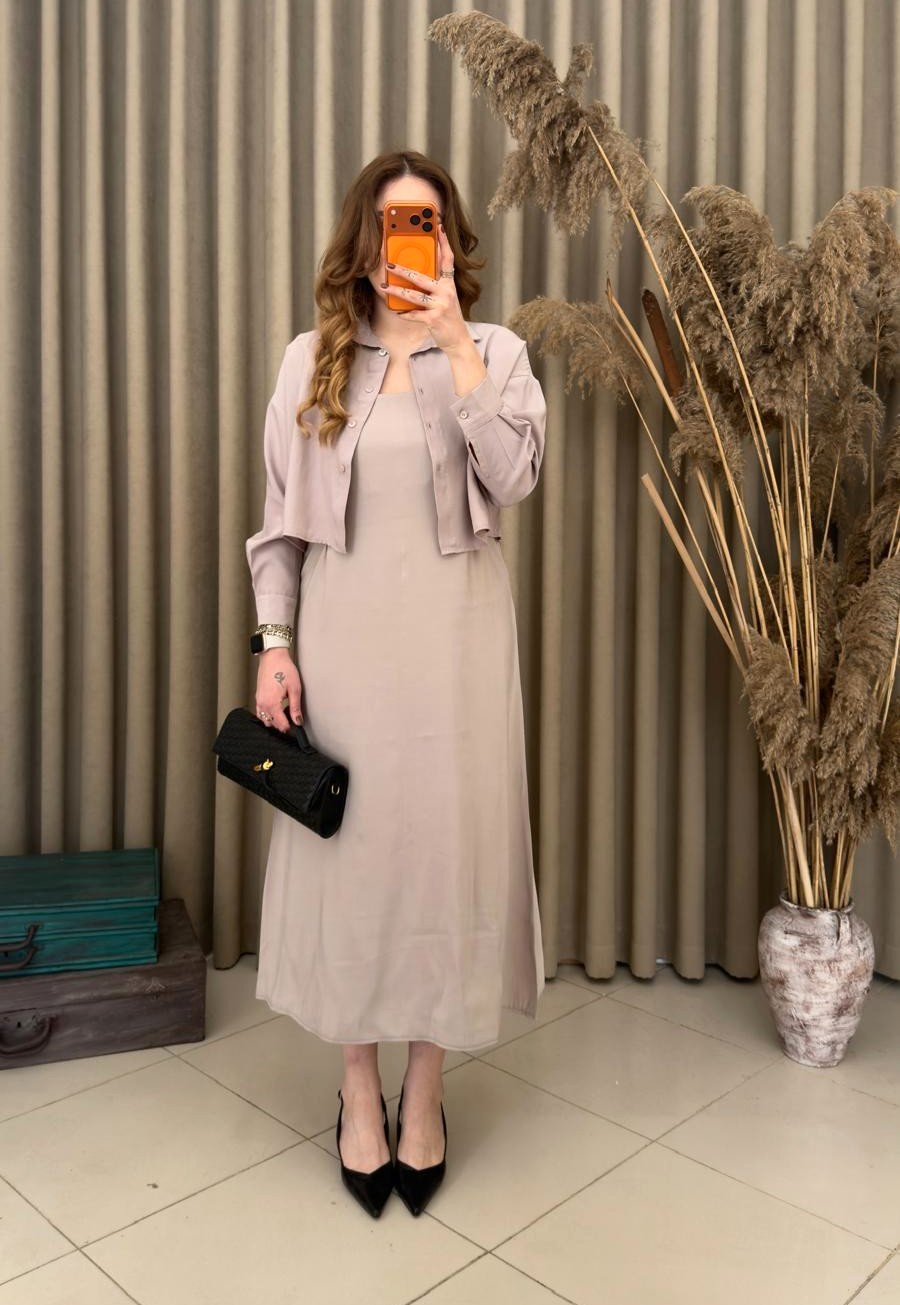 Tensel Kumaş Gömlekli Elbise Takım Taş