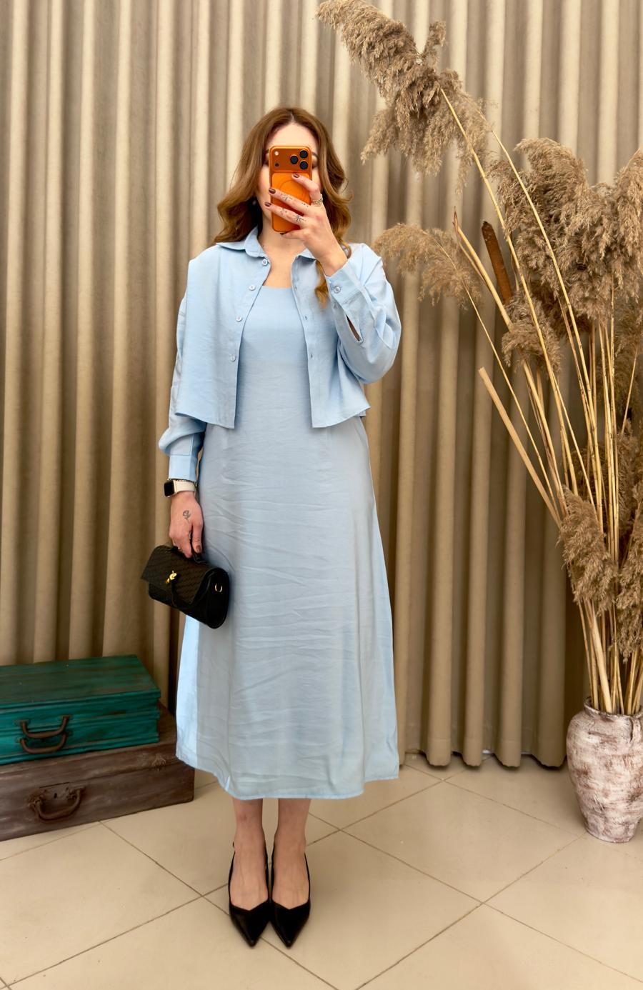 Tensel Kumaş Gömlekli Elbise Takım Mavi