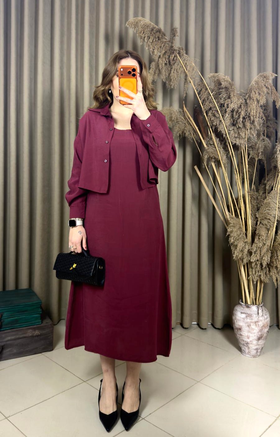 Tensel Kumaş Gömlekli Elbise Takım Bordo