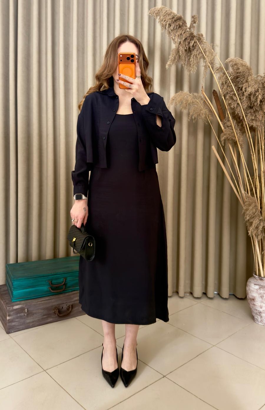 Tensel Kumaş Gömlekli Elbise Takım Siyah