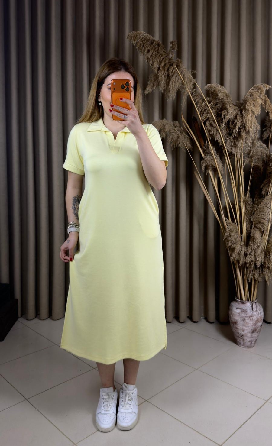 Polo Yaka Modal Elbise Sarı