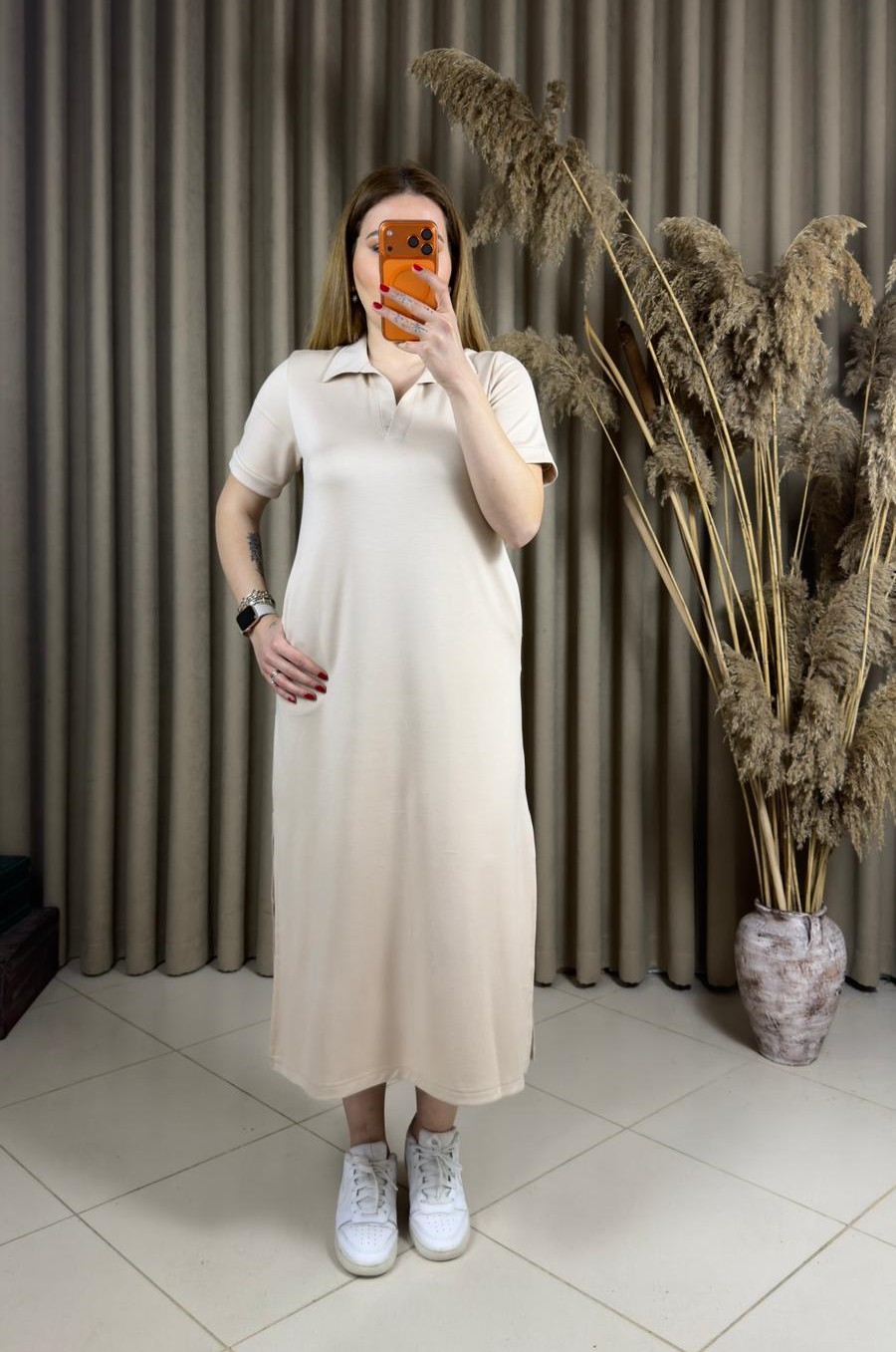 Polo Yaka Modal Elbise Bej