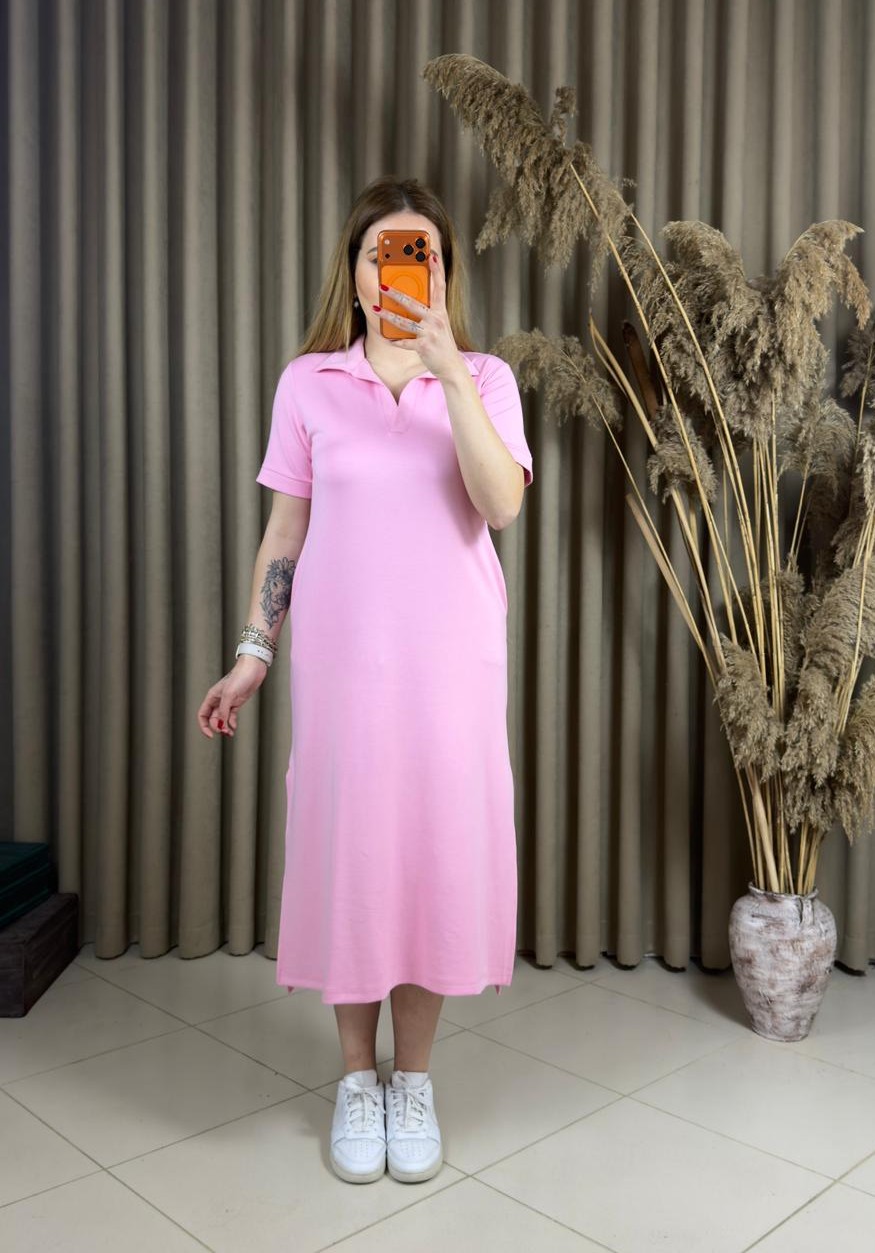 Polo Yaka Modal Elbise Pembe
