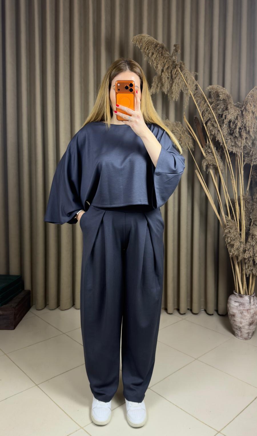 Modal Yarasa Kol Bluz Pileli Şalvar Takım Antrasit