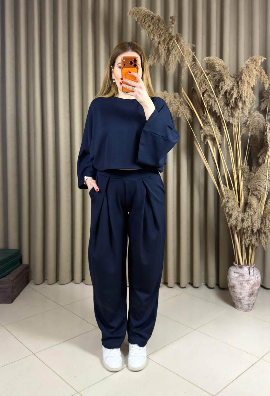 Modal Yarasa Kol Bluz Pileli Şalvar Takım Lacivert